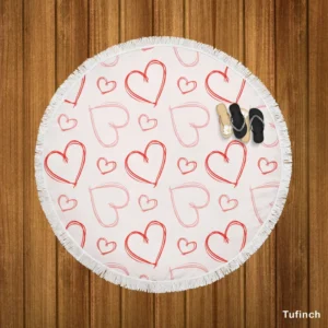 Hand Drawn Red Pink Hearts Round Beach Towel