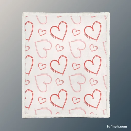 Hand Drawn Red Pink Hearts Sherpa Fleece Blanket 1