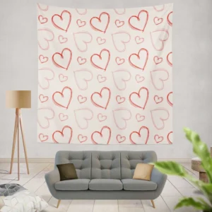 Hand Drawn Red Pink Hearts Wall Tapestry