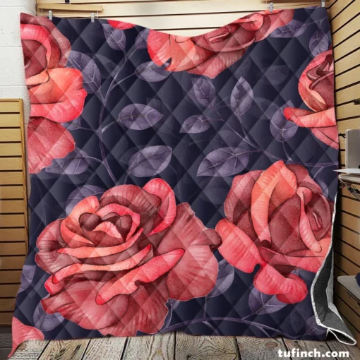 Hand Drawn Rose Flower Quilt Blanket