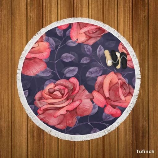 Hand Drawn Rose Flower Round Beach Towel