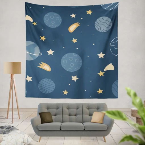 Hand Drawn Stars Planets Wall Tapestry