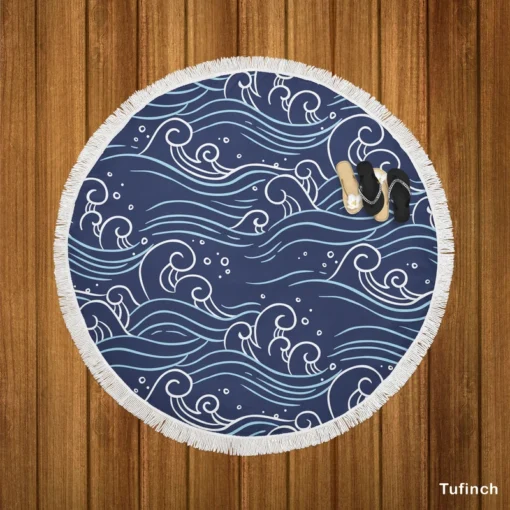 Hand Drawn Wave Off Pattern Round Beach Towel