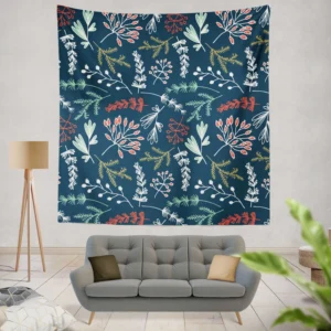 Hand Drawn Winter Floral Design Wall Tapestry