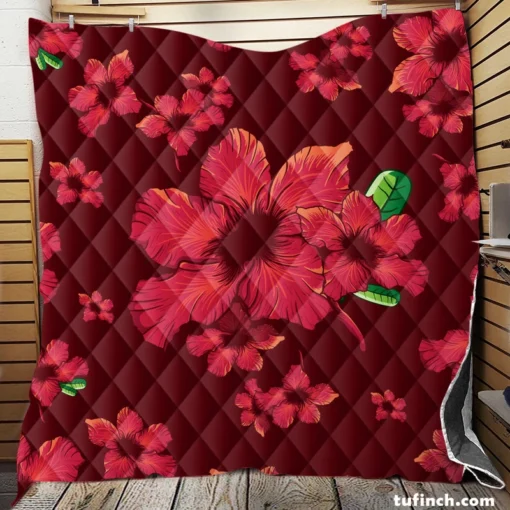 Hand Painted Hibiscus Flowers Quilt Blanket