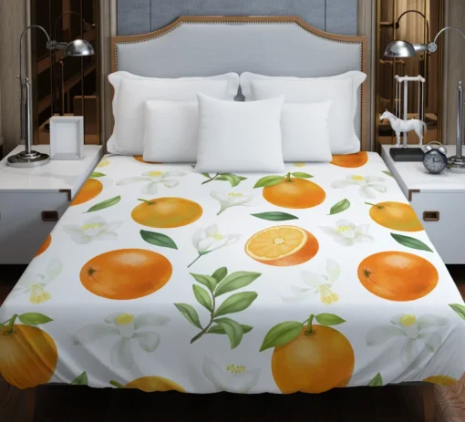 Hand Painted Oranges Leaves Duvet Cover