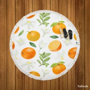 Hand Painted Oranges Leaves Round Beach Towel