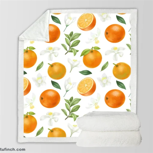 Hand Painted Oranges Leaves Sherpa Fleece Blanket