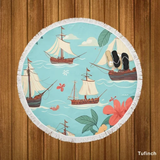 Hawaii Theme Old Tail Ship Round Beach Towel