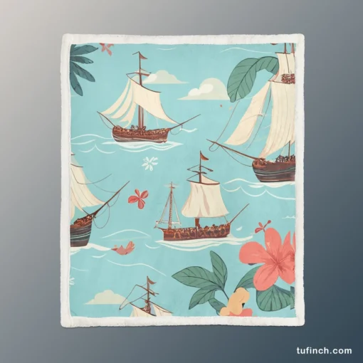 Hawaii Theme Old Tail Ship Sherpa Fleece Blanket 1