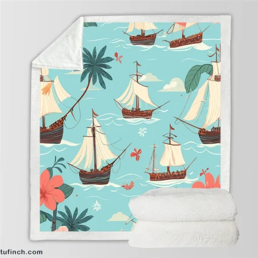 Hawaii Theme Old Tail Ship Sherpa Fleece Blanket