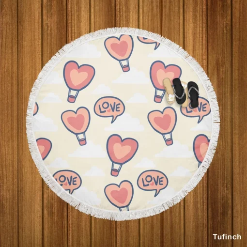 Heart Hot Air Balloon Love Pattern Round Beach Towel