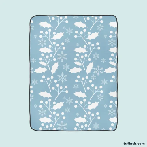 Holly berry Leaves In White Print Fleece Blanket 1