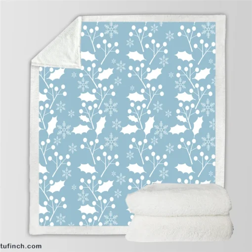 Holly berry Leaves In White Print Sherpa Fleece Blanket