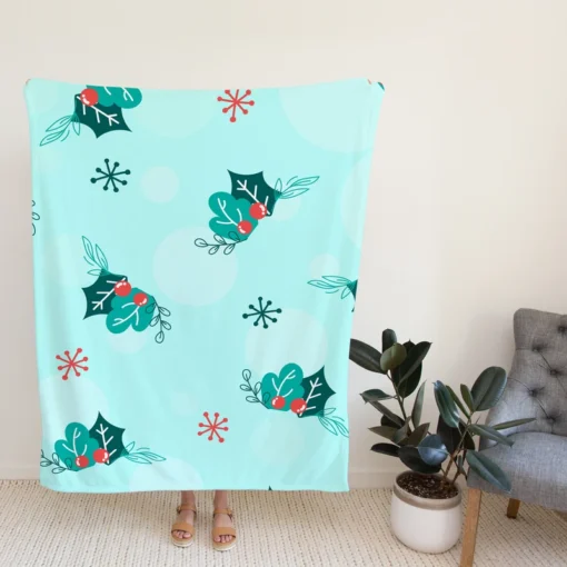 Holly berry Snowflakes Hand Drawn Fleece Blanket