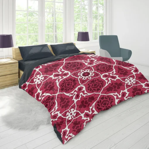 Hot Pink White Moroccan Floral Design Duvet Cover 1