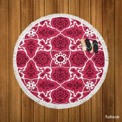 Hot Pink White Moroccan Floral Design Round Beach Towel