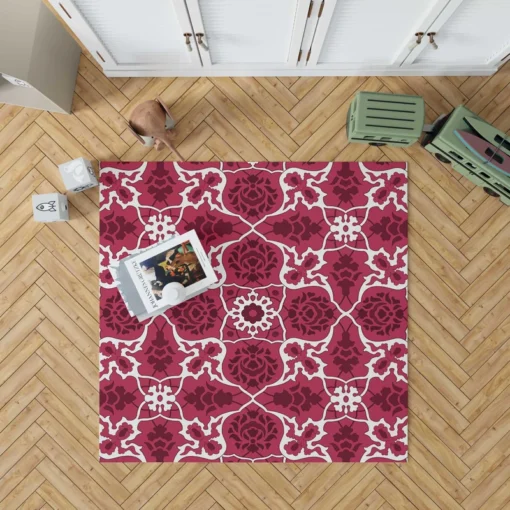 Hot Pink White Moroccan Floral Design Rug