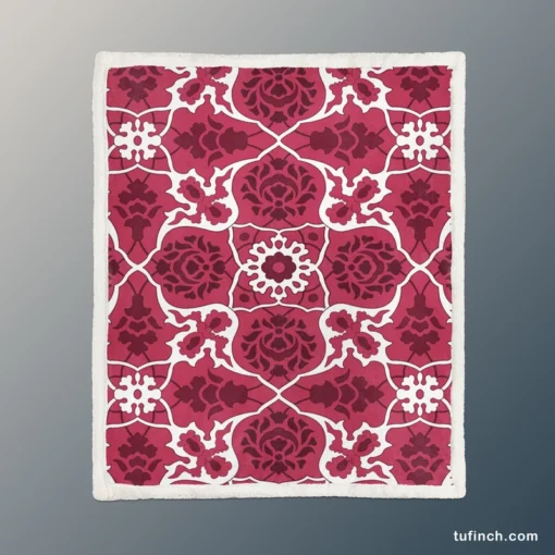 Hot Pink White Moroccan Floral Design Sherpa Fleece Blanket 1