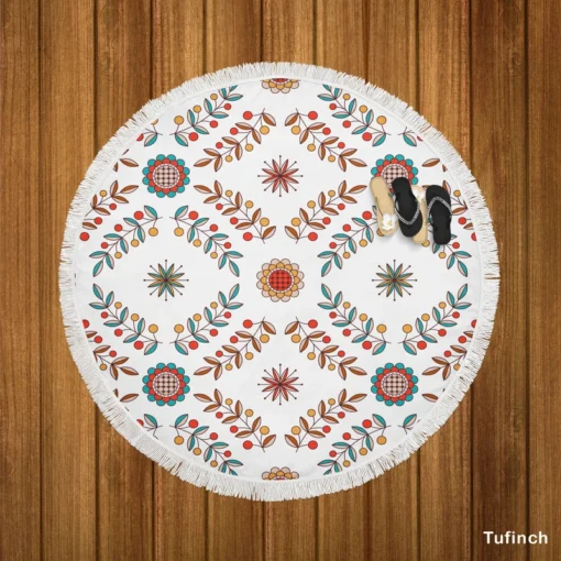 Hungarian Folk Floral Pattern Round Beach Towel