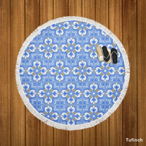 Ice Blue Baroque Floral Pattern Round Beach Towel