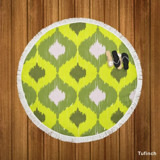 Ikat Geometric Green Pattern Round Beach Towel