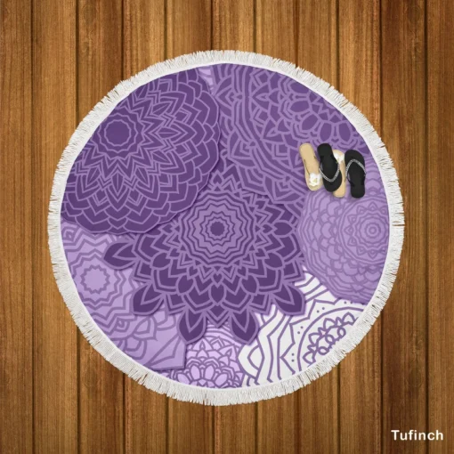 Indian Purple White Floral Mandala Pattern Round Beach Towel