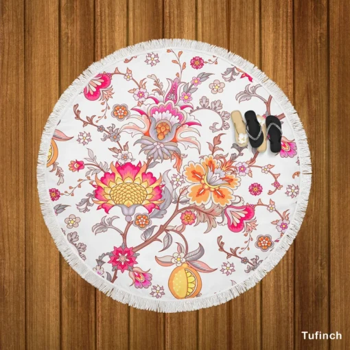 Indian Traditional Floral Toile Round Beach Towel