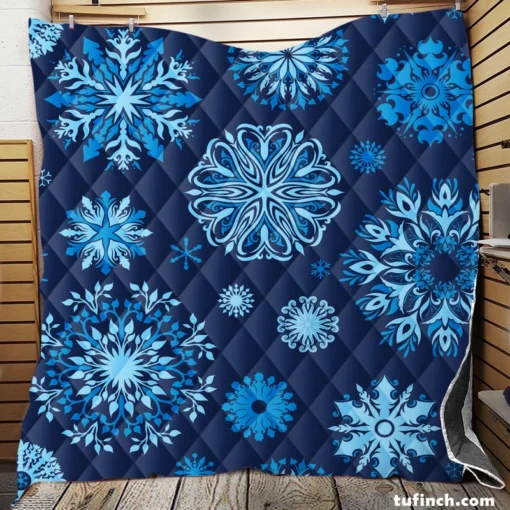 Indigo Blue Snowflakes Pattern Quilt Blanket