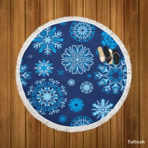 Indigo Blue Snowflakes Pattern Round Beach Towel