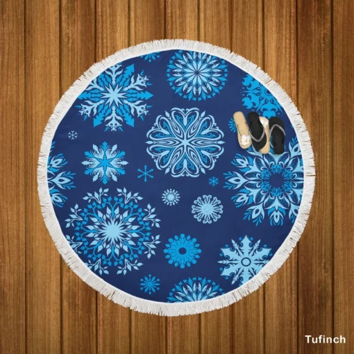 Indigo Blue Snowflakes Pattern Round Beach Towel