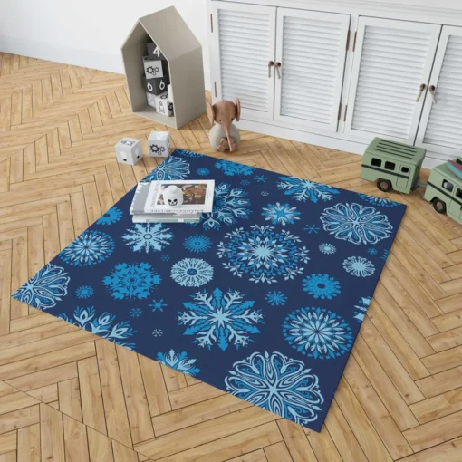 Indigo Blue Snowflakes Pattern Rug 1