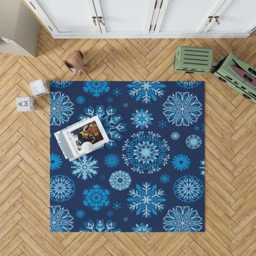 Indigo Blue Snowflakes Pattern Rug