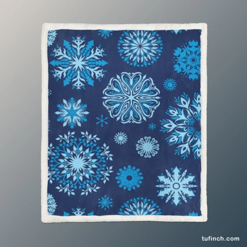 Indigo Blue Snowflakes Pattern Sherpa Fleece Blanket 1