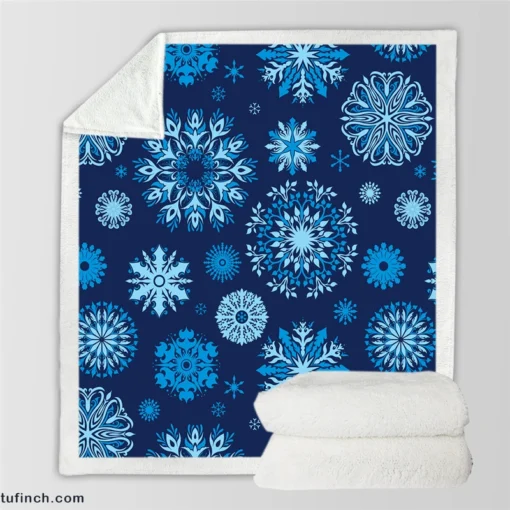 Indigo Blue Snowflakes Pattern Sherpa Fleece Blanket