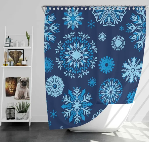 Indigo Blue Snowflakes Pattern Shower Curtain