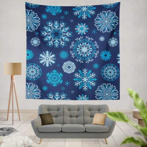 Indigo Blue Snowflakes Pattern Wall Tapestry