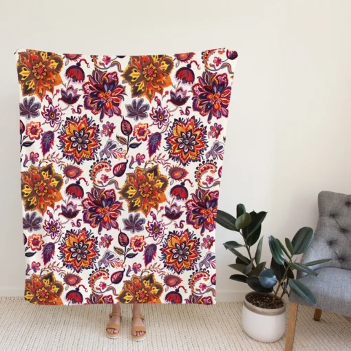 Iranian Floral Folk Pattern Fleece Blanket