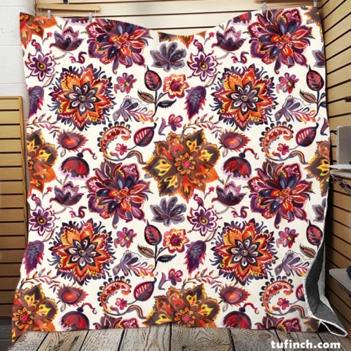 Iranian Floral Folk Pattern Quilt Blanket