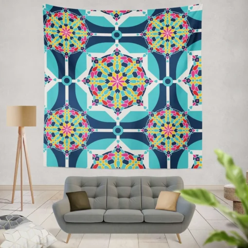 Islamic Moroccan Blue Pink Pattern Wall Tapestry