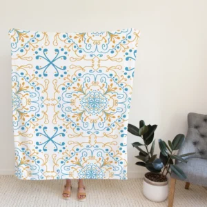 Islamic Moroccan Off White Blue Pattern Fleece Blanket