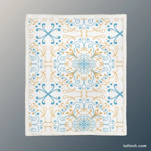 Islamic Moroccan Off White Blue Pattern Sherpa Fleece Blanket 1