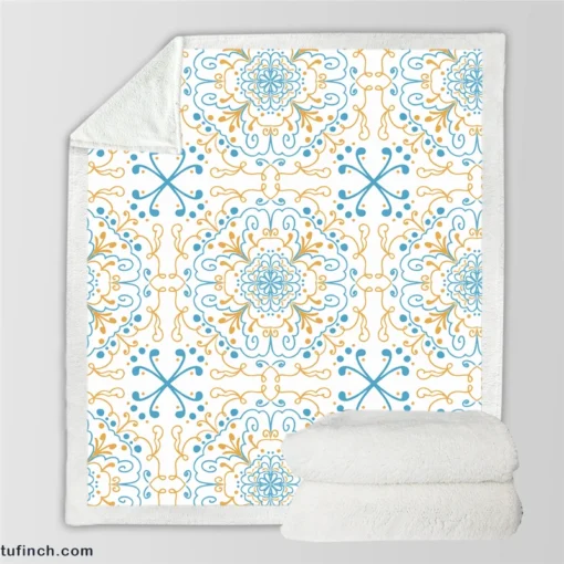 Islamic Moroccan Off White Blue Pattern Sherpa Fleece Blanket