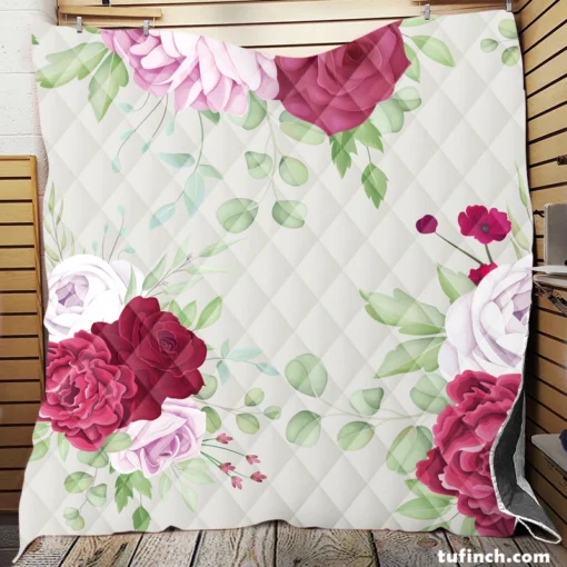 Italian Red Pink Rose Design Quilt Blanket