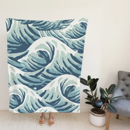 Japanese Curl Storm Wave Pattern Fleece Blanket