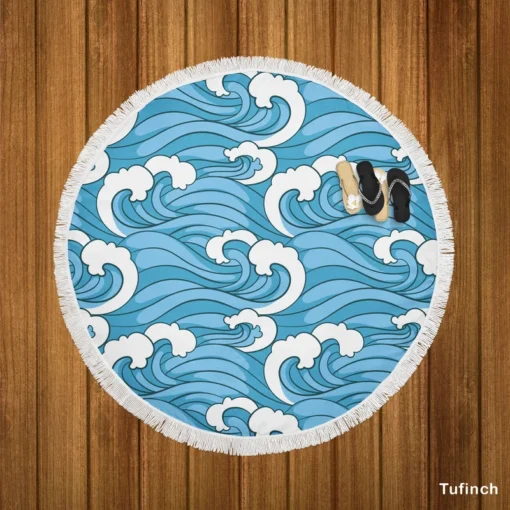 Japanese Sea Waves Art Round Beach Towel