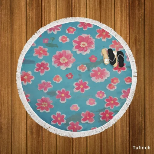 Japanese Tiny Pink Flower Pattern Round Beach Towel