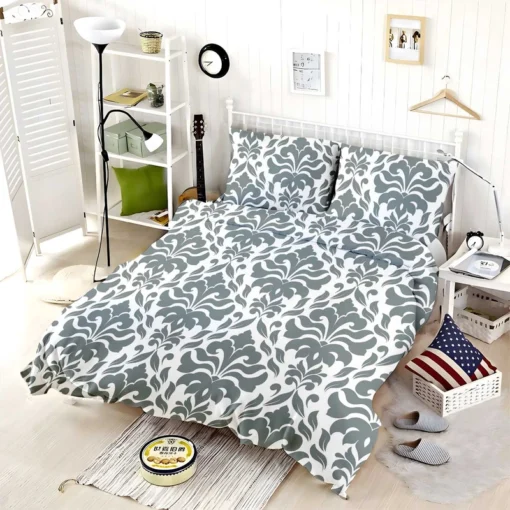 Jet Grey Damask Pattern Bedding Set