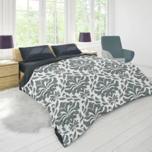 Jet Grey Damask Pattern Duvet Cover 1