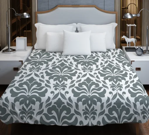 Jet Grey Damask Pattern Duvet Cover